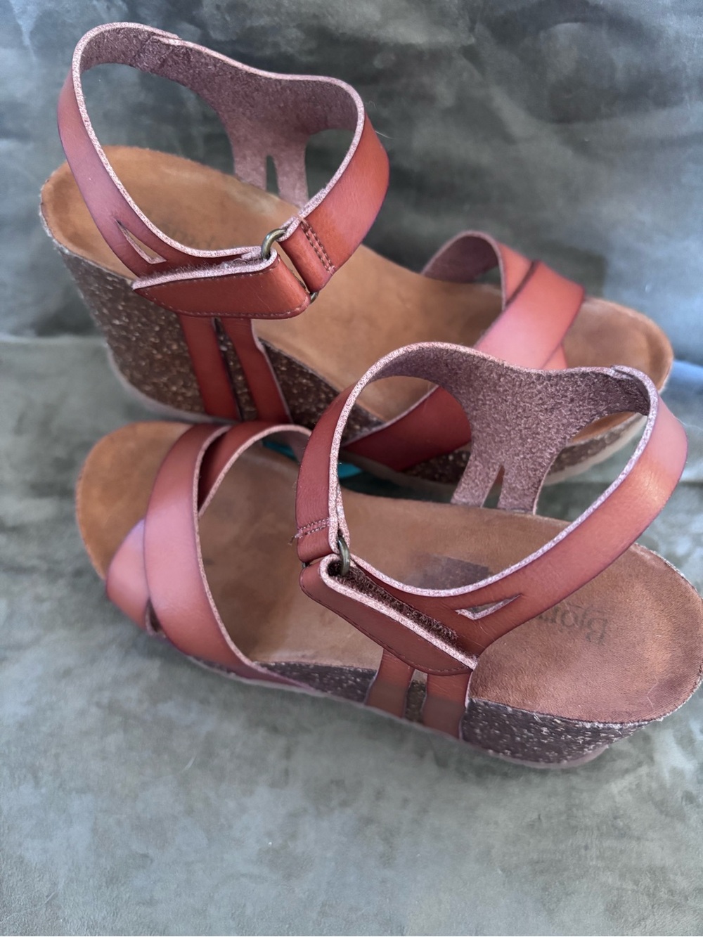 BJORNDAL Cognac Leather Strappy Cork Wedge Sandals Adjustable Ankle Straps SZ 7 - Picture 3 of 16